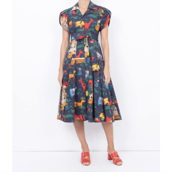 New LHD Glades Puff Sleeve Quirky Farm Animal Navy Print Midi Dress Siz… - Picture 3 of 9